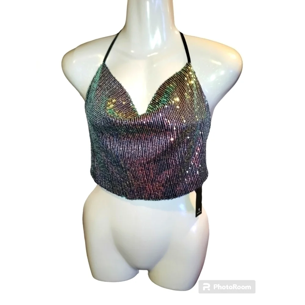 lulus sequin tie-back halter top xs cowl neck iridescent sequins cropped bodice - Picture 1 of 9